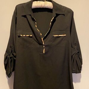 Calvin Klein black blouse with cheetah print trim